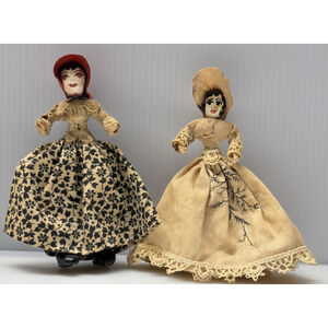 Old Lot of 2 Artist Anna Laura Dolls Women Dresses Hats Victorian As Is Damage